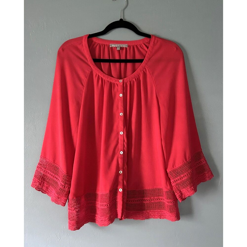 Daniel Rainn red button down blouse top with lace trim on cuffs & hem size large